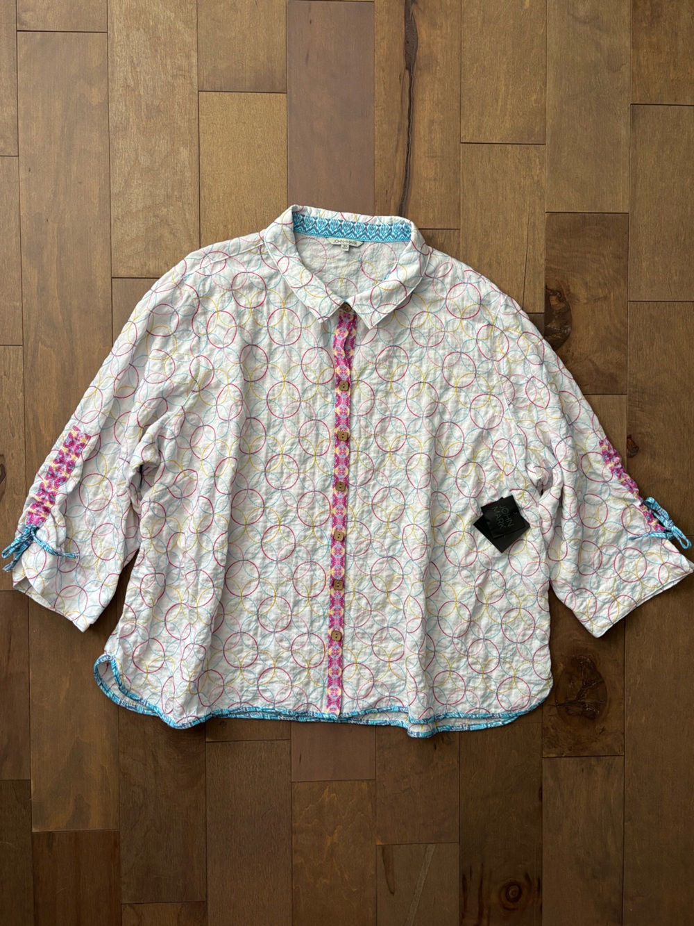 John Mark Top Blouse Button Front Embroidered 3/4 Cinched Sleeves NWT 3X